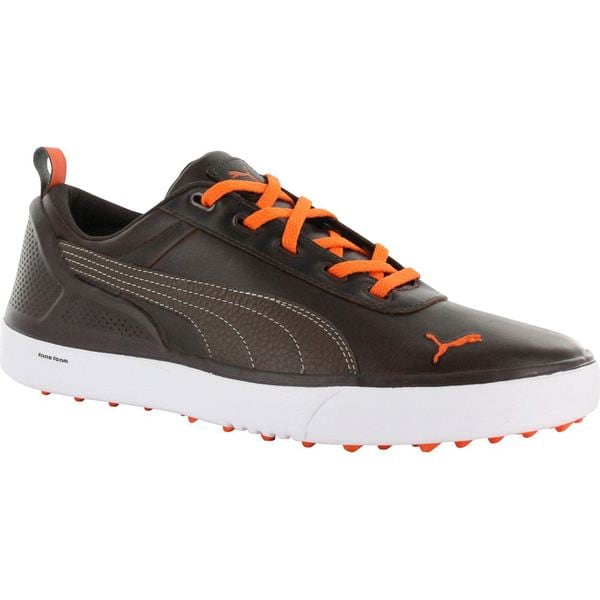 Puma mens Monolite Spikeless Black Coffee/ Vibrant Orange Golf Shoes
