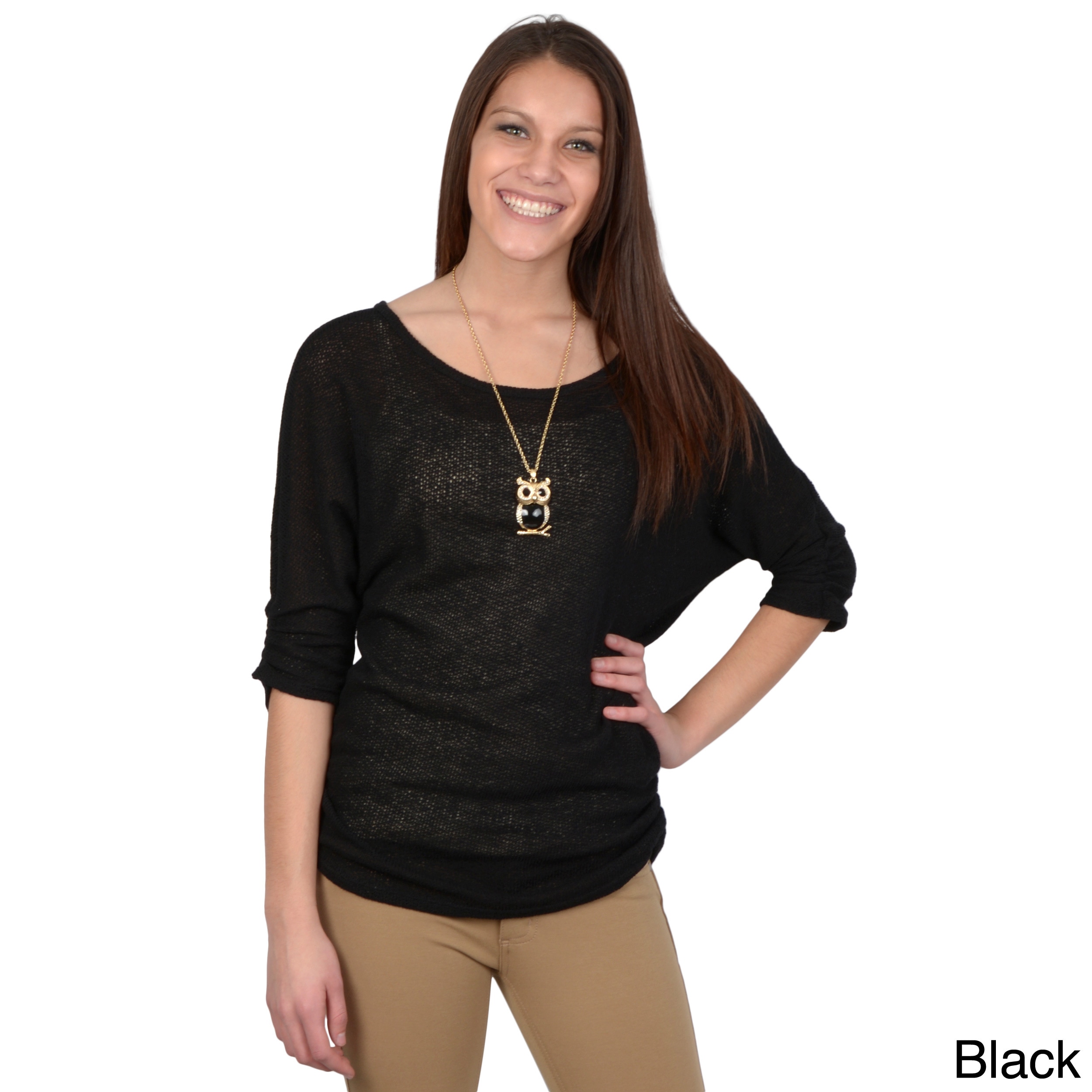 Journee Collection Womens Three quarter Sleeve Ruched Side Top