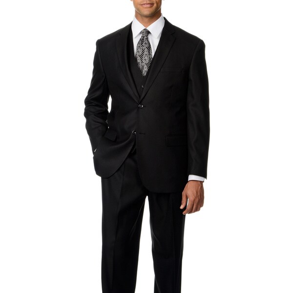 Caravelli Italy Men's Black Shark Pattern Vested 2-button Suit