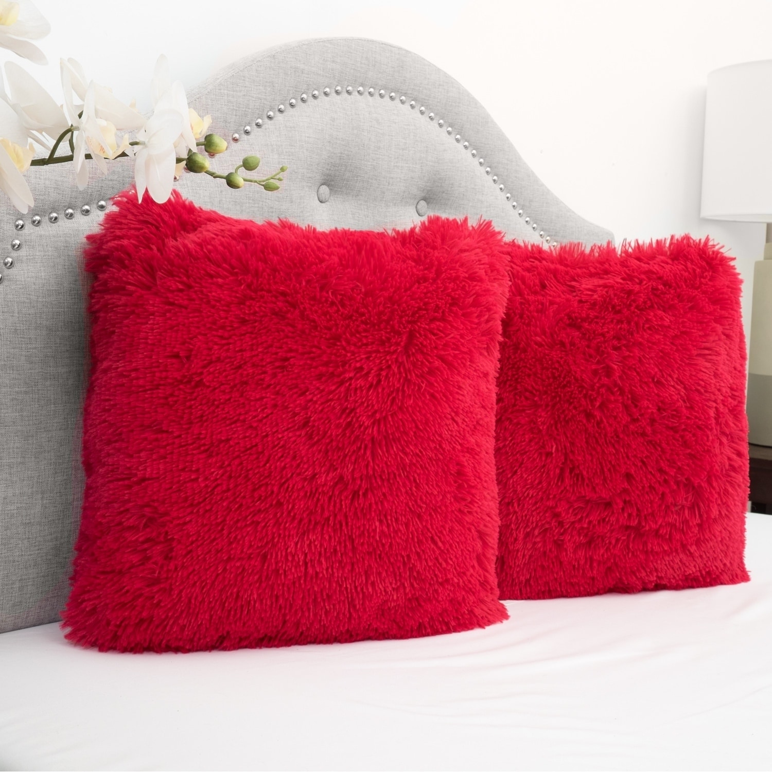 red fuzzy pillows