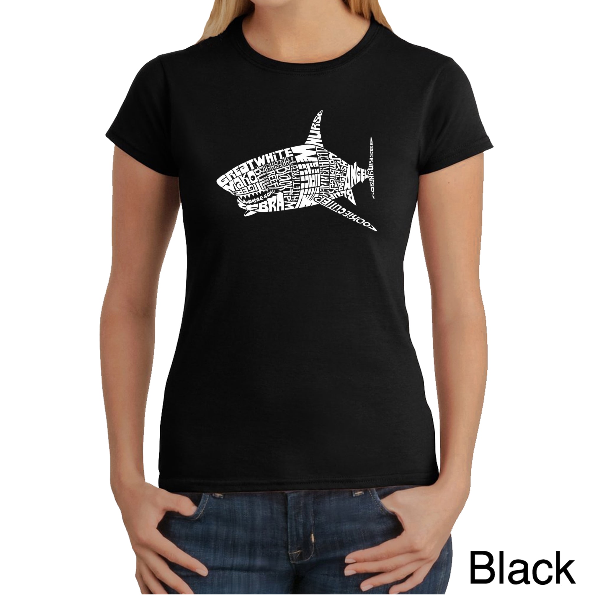 Los Angeles Pop Art Womens Shark Names T shirt (100 percent cotton Machine washableAll measurements are approximate and may vary by size. )