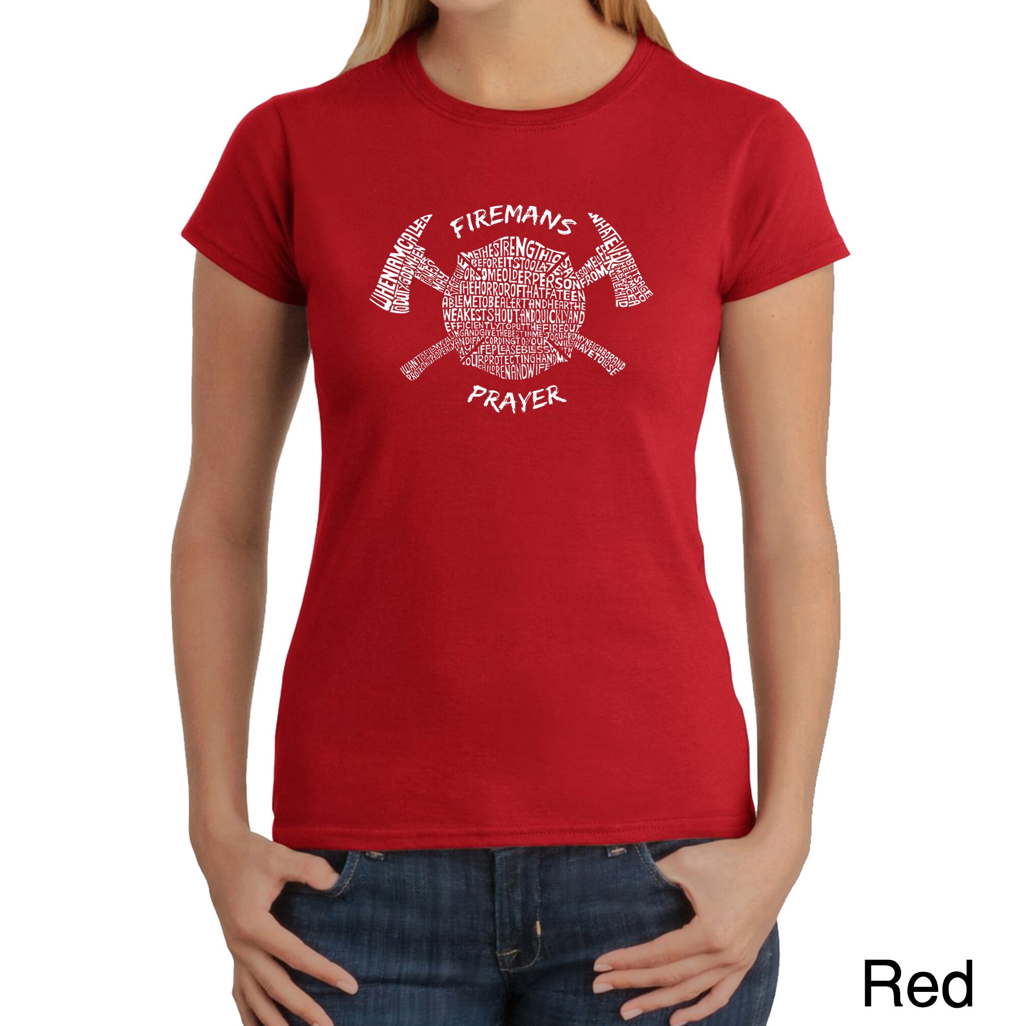 Los Angeles Pop Art Womens Firemans Prayer T shirt (100 percent cotton Machine washableAll measurements are approximate and may vary by size. )