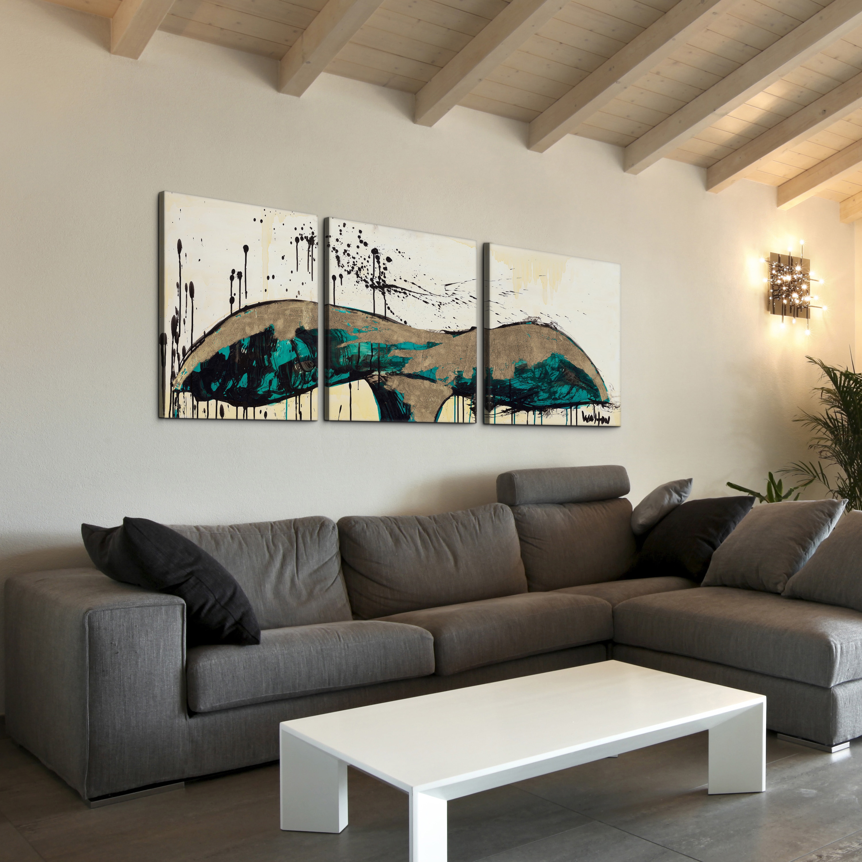 TJ Walton 'Whale Tail Aqua' 24x72-inch Triptych Canvas Art Print