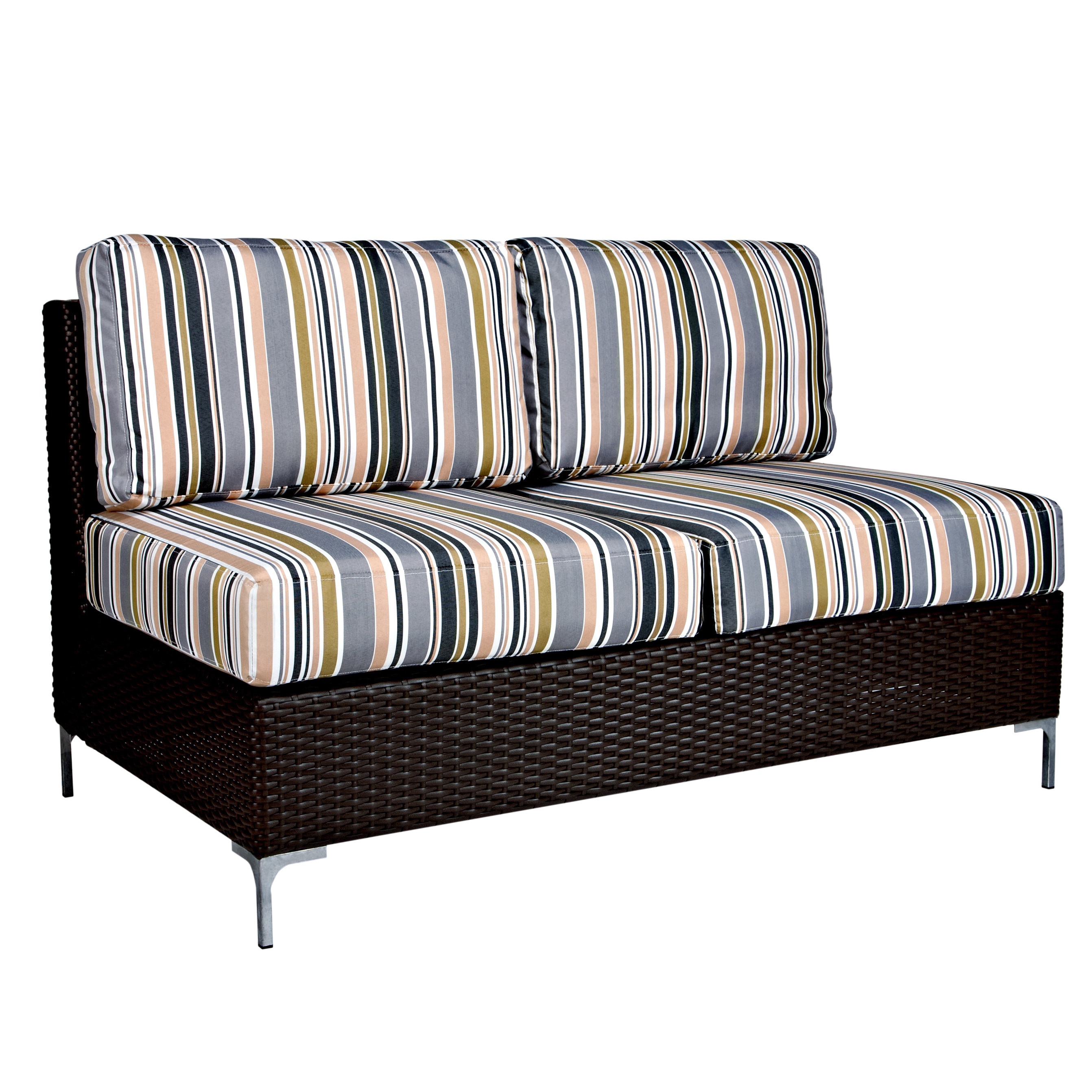 Angelohome Napa Springs Newport Stripe Armless Loveseat Indoor/outdoor Resin Wicker (Stripe in tan, white, gray, black and oliveMaterials Aluminum, resin wicker, polyesterFinish Dark brownCushion includedWeather resistantDimensions Loveseat 34.5 inch