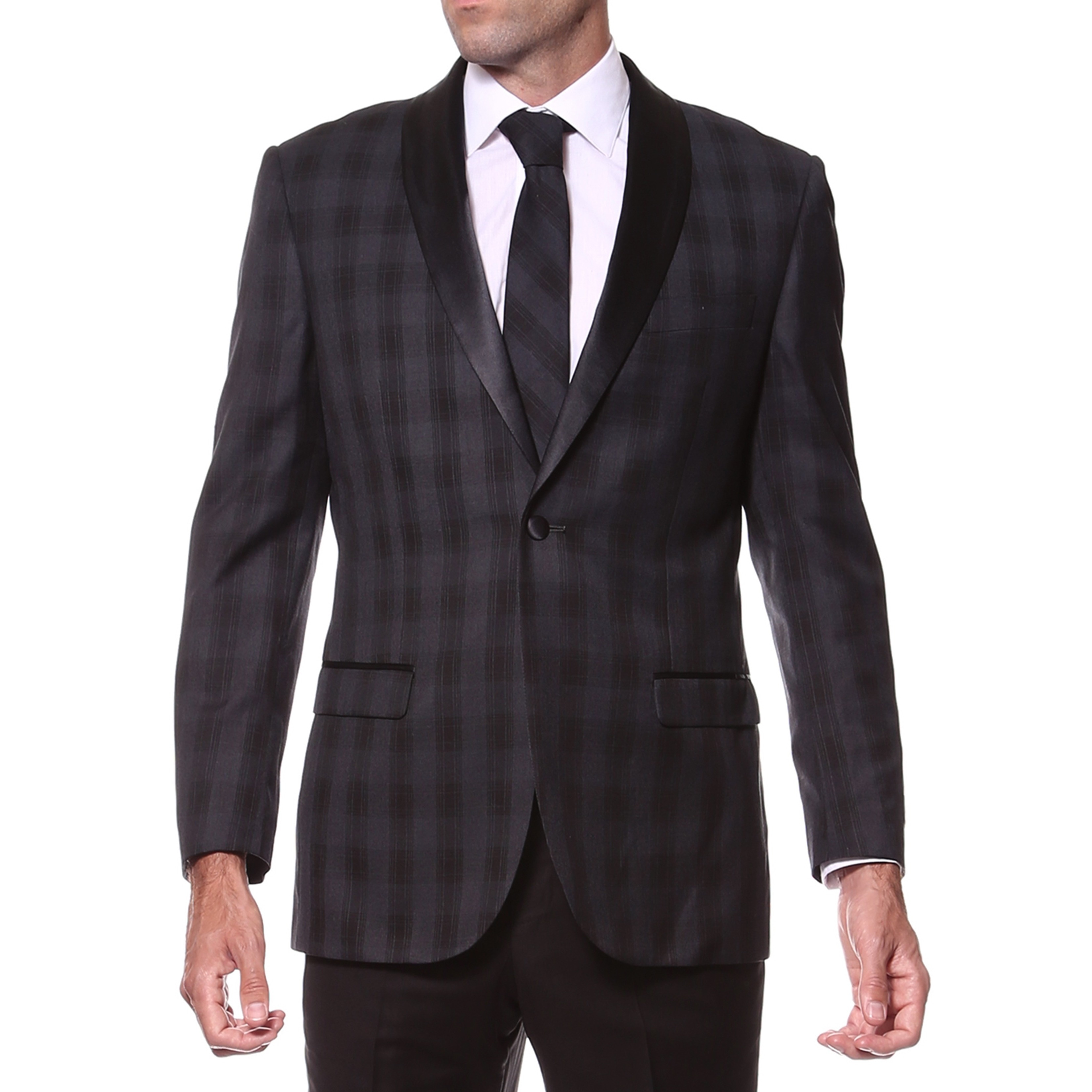 Ferrecci Zonettie Mens Slim Fit Charcoal Plaid Shawl Collar Tuxedo Blazer Black Size 34S