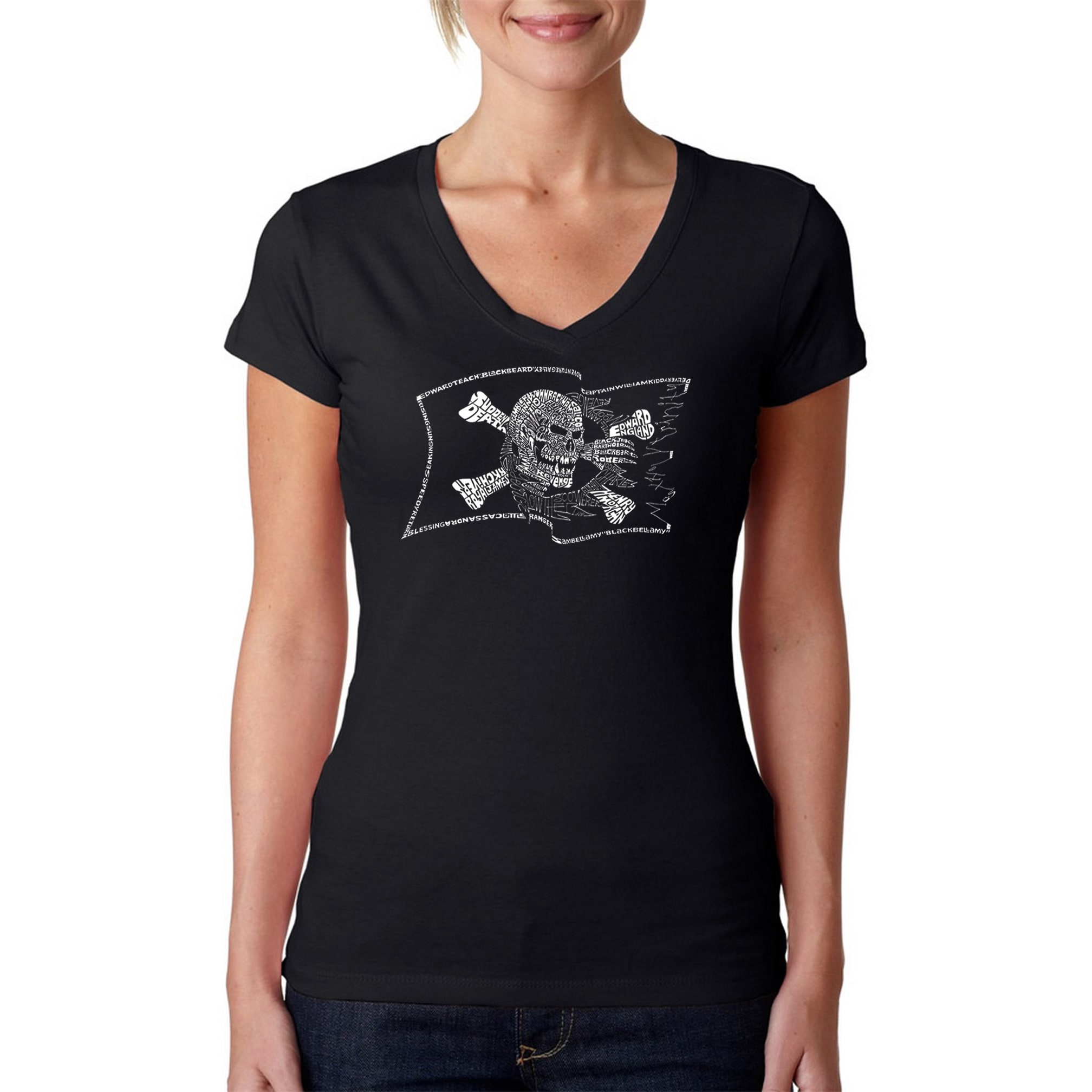 Los Angeles Pop Art Womens Pirate Flag Black V neck T shirt (100 percent cotton Machine washableAll measurements are approximate and may vary by size. )