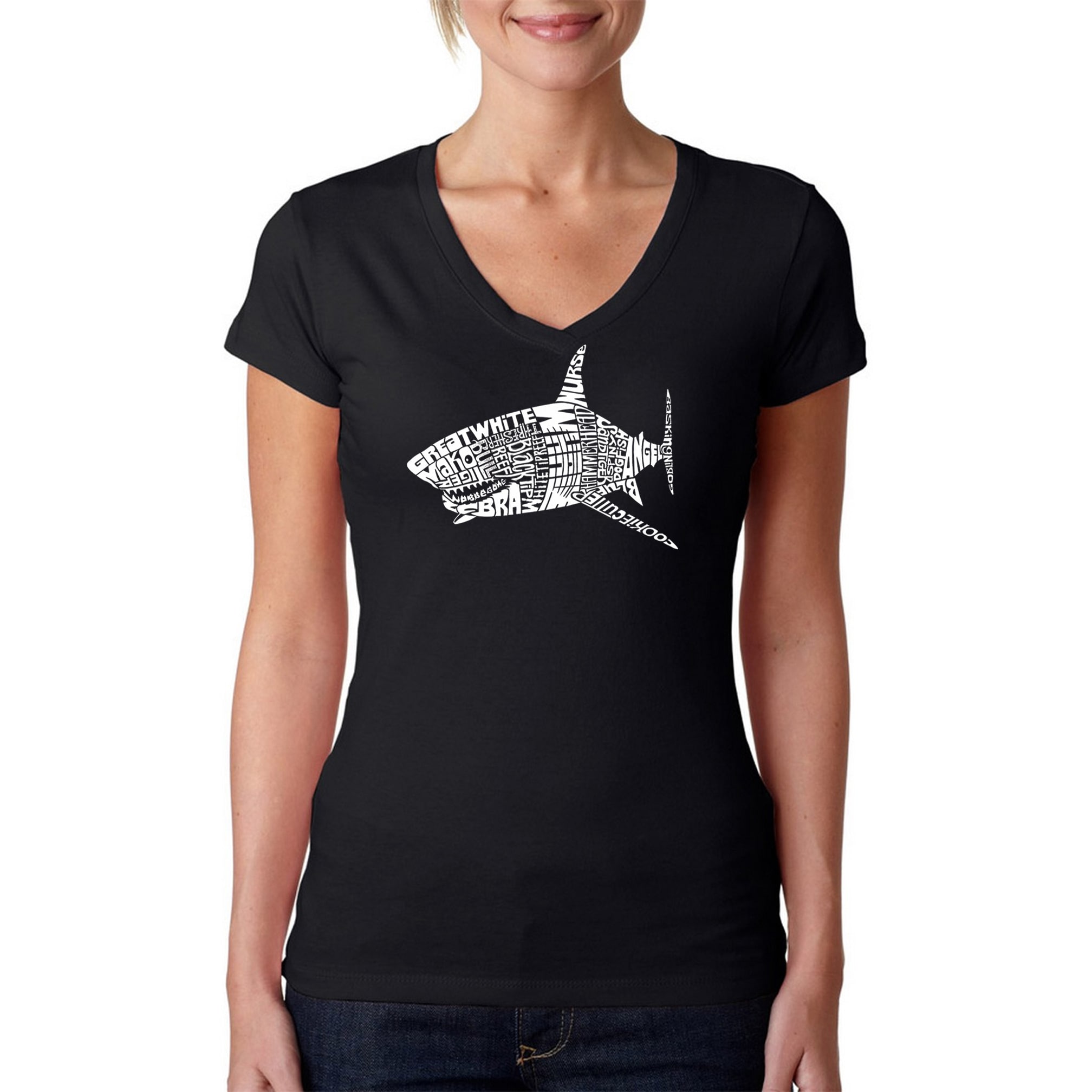 Los Angeles Pop Art Womens Shark Names V neck T shirt (100 percent cotton Machine washableAll measurements are approximate and may vary by size. )