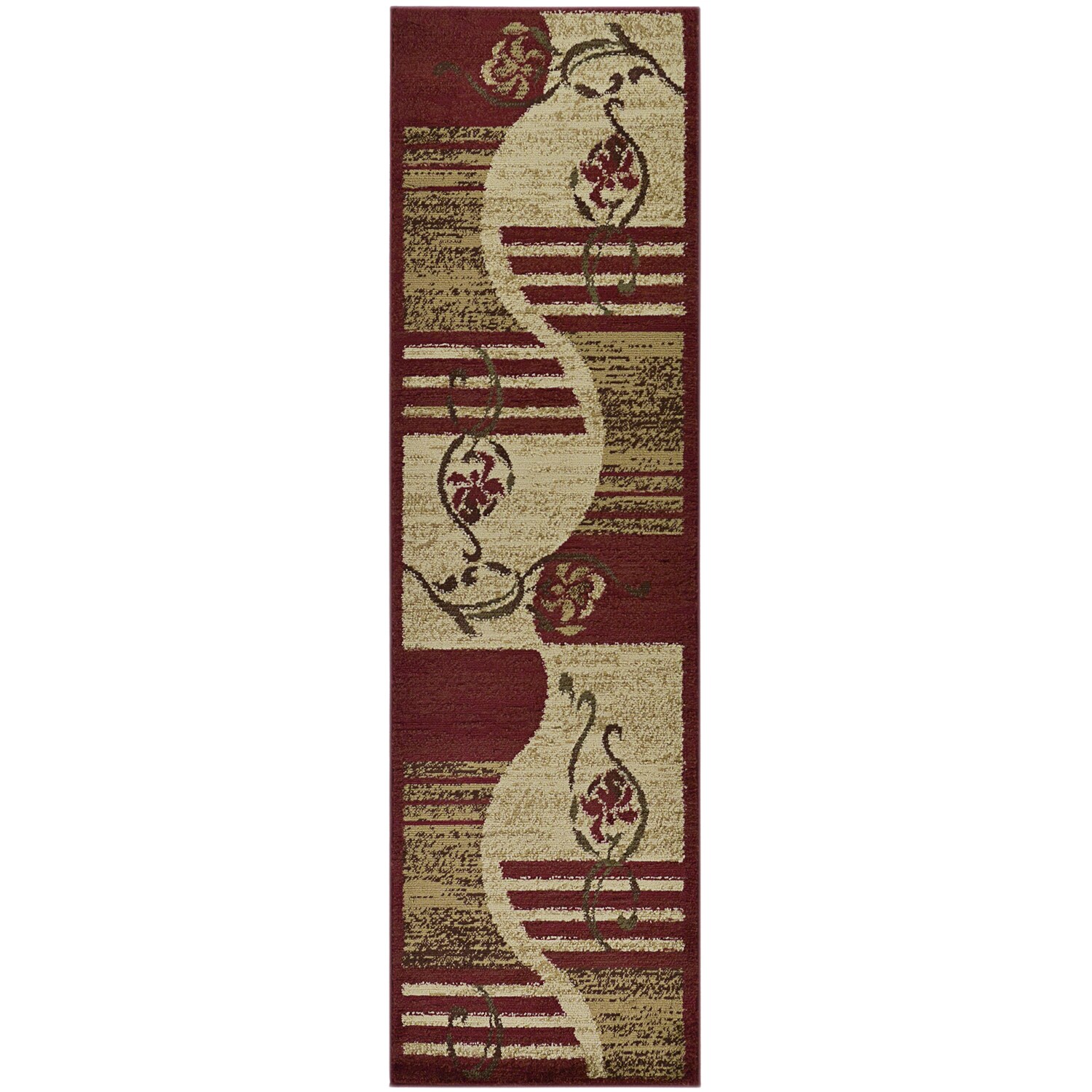Dark Red/beige Contemporary Floral Design Runner Rug (2x7)