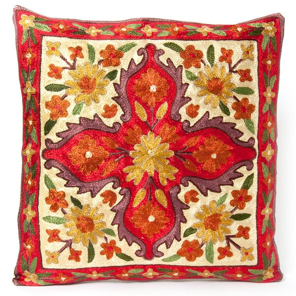 Shop Red Dense Chain Stitch Embroidered Floral Kashmiri Cushion Cover