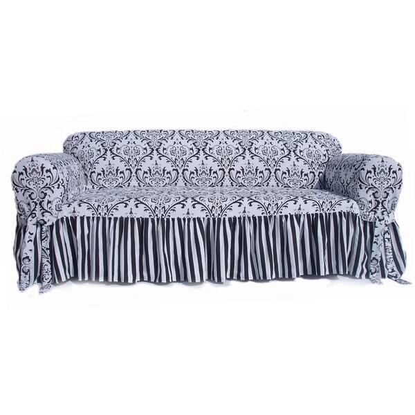 Black/White Damask and Stripe Ruffled Loveseat Slipcover Overstock 8824319