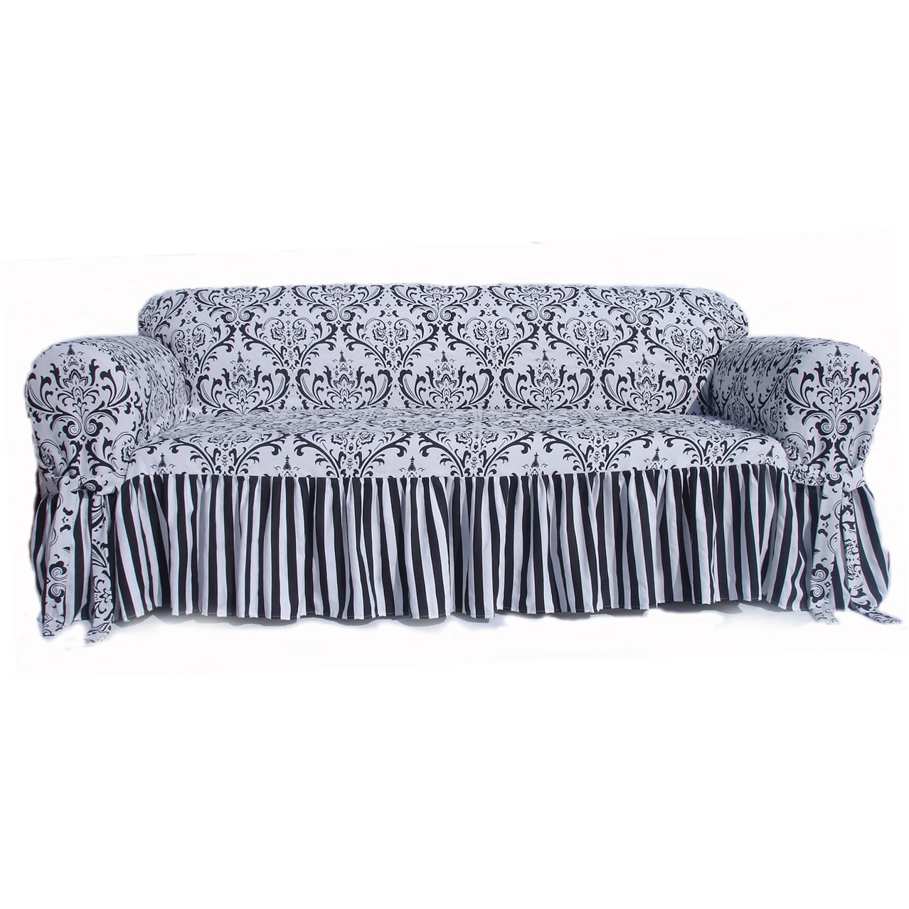 Black/white Damask And Stripe Ruffled Loveseat Slipcover