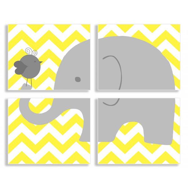 Gray Elephant and Birdie on Yellow Chevron Quadtrich