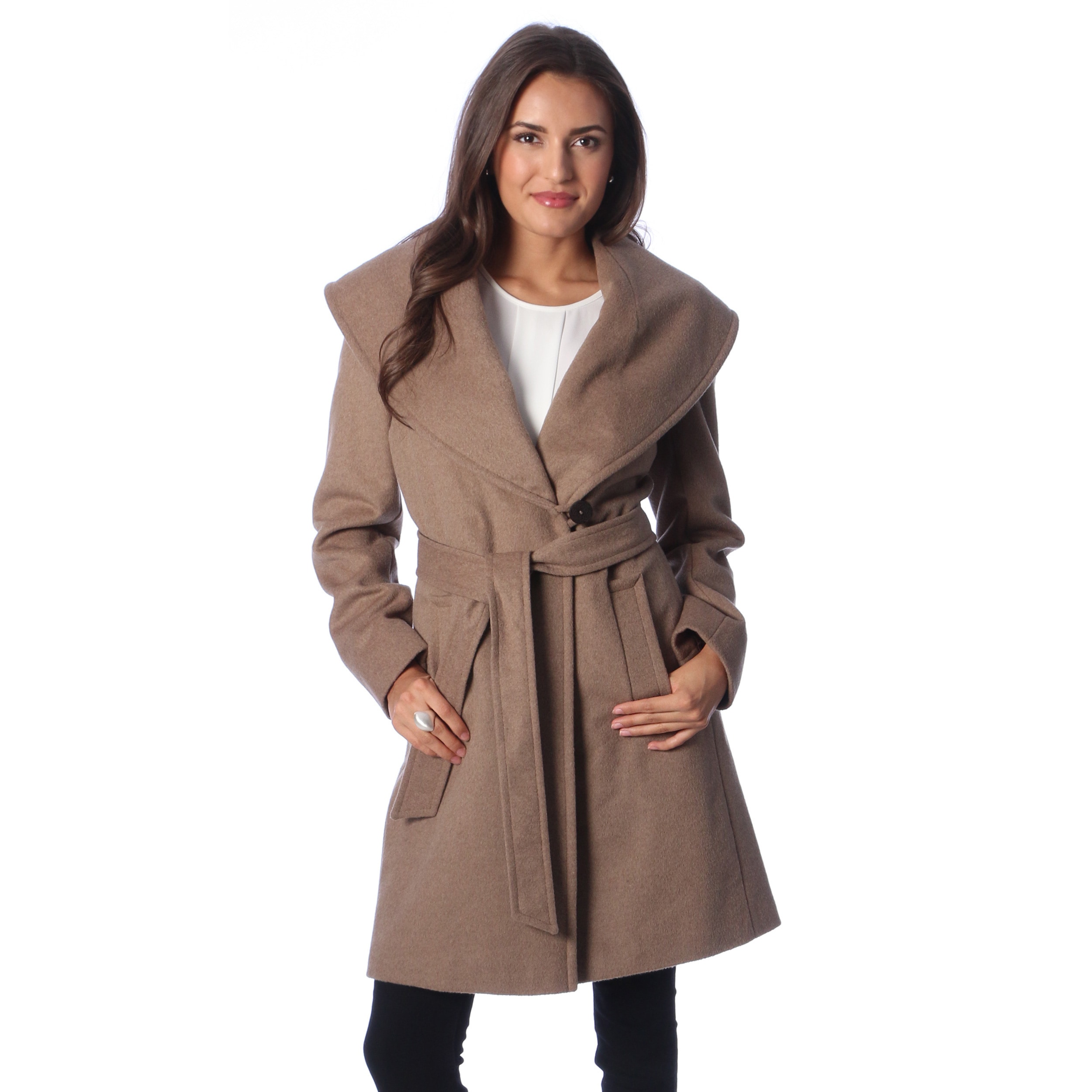 Larry Levine Womens Oatmeal Belted Wrap Coat