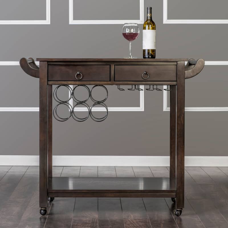 Carrick Transitional Dark Walnut Wood 2-Drawer Kitchen Cart with Wine Rack on Wheels by Copper Grove