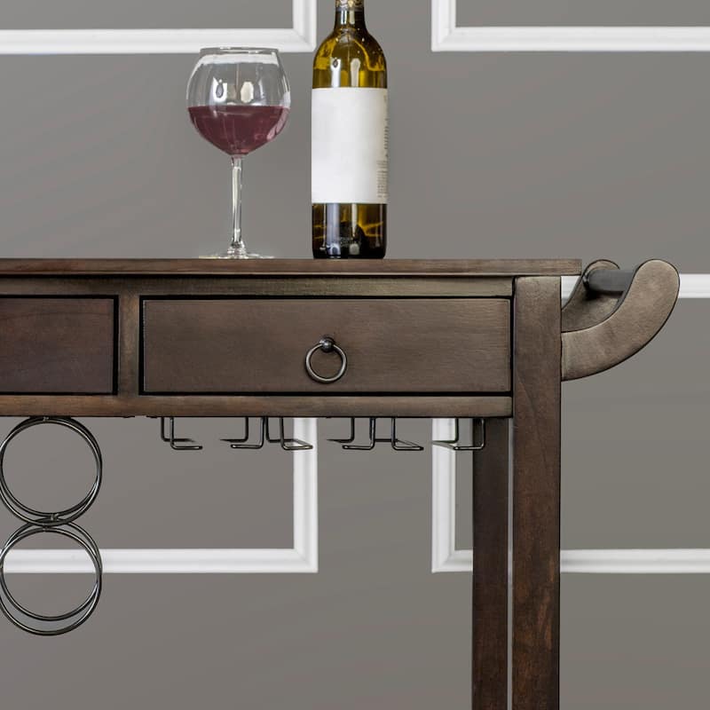 Carrick Transitional Dark Walnut Wood 2-Drawer Kitchen Cart with Wine Rack on Wheels by Copper Grove