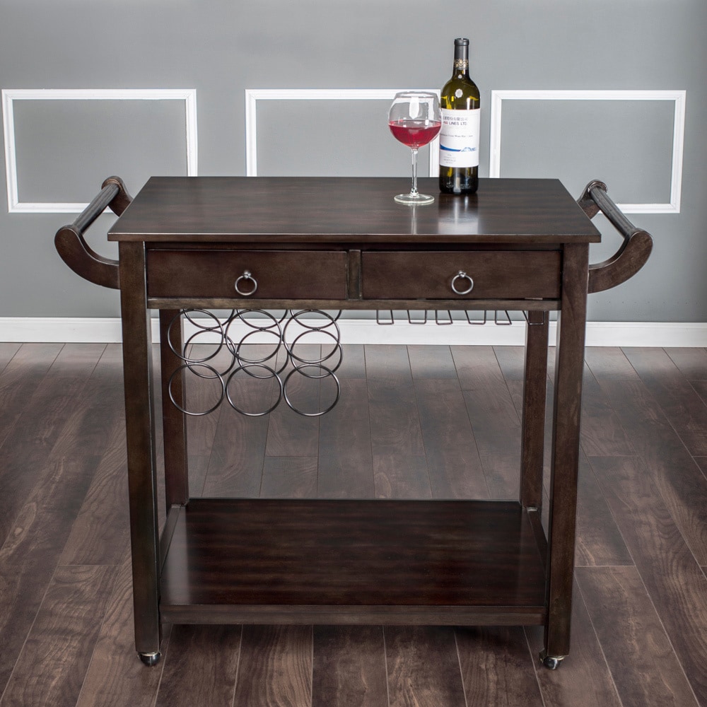 Copper Grove Carrick Transitional Dark Walnut Wood 2-Drawer Kitchen Cart with Wine Rack on Wheels