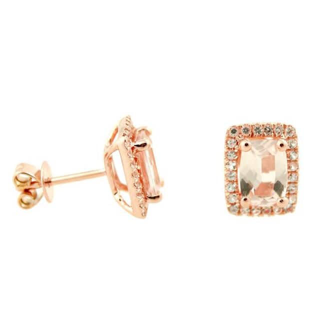 14k Rose Gold Morganite and Diamond Cut White Topaz Cushion-cut Stud Earrings