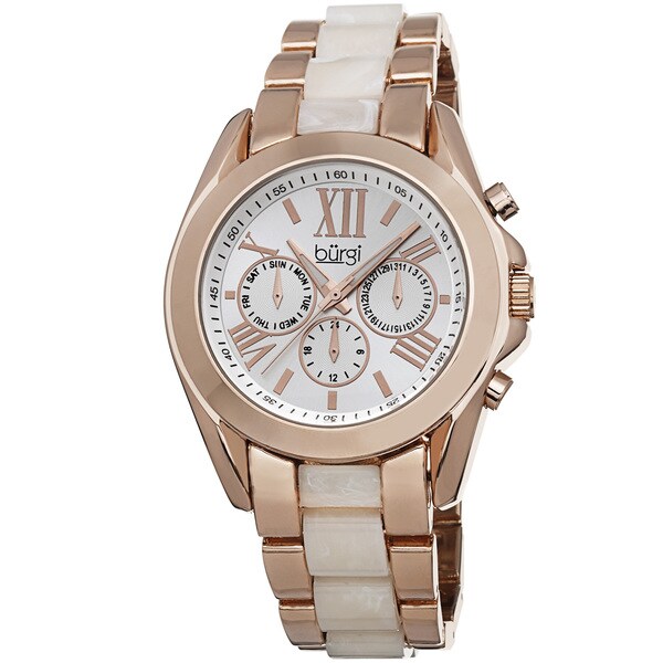 Burgi Women's Multifunction Day Date and 24 Hour-Indicator Rose-Tone Bracelet Watch