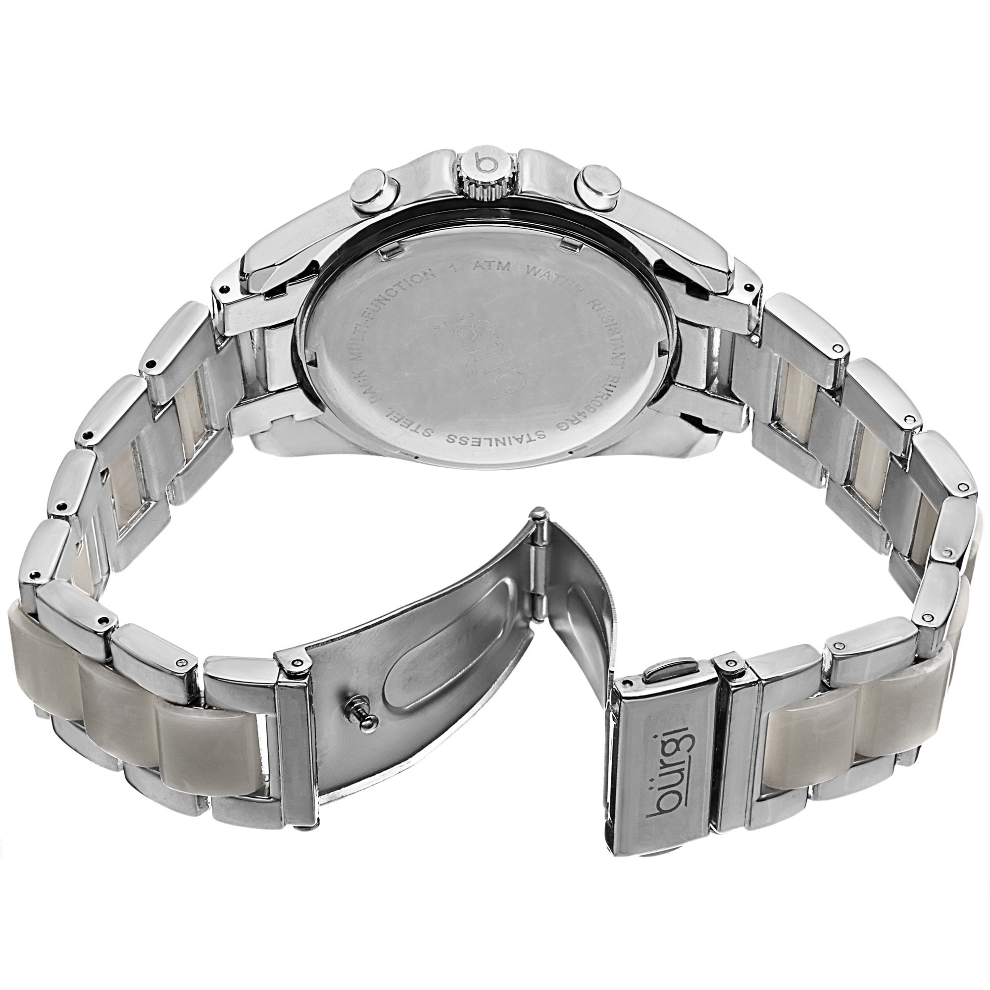 NWT Burgi Crystal Chronograph Grey Leather Mother of Pearl Dial Ladies Watch Diamond Mother of Pearl Stainless Steel Bracelet – BUR193  main image 3