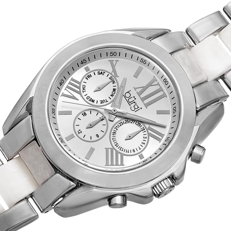 Burgi Women's Multifunction Day Date and 24 Hour-Indicator Silver-Tone Bracelet Watch