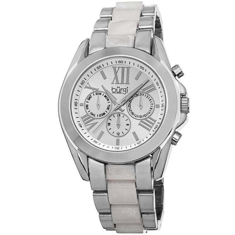 Burgi Women's Multifunction Day Date and 24 Hour-Indicator Silver-Tone Bracelet Watch