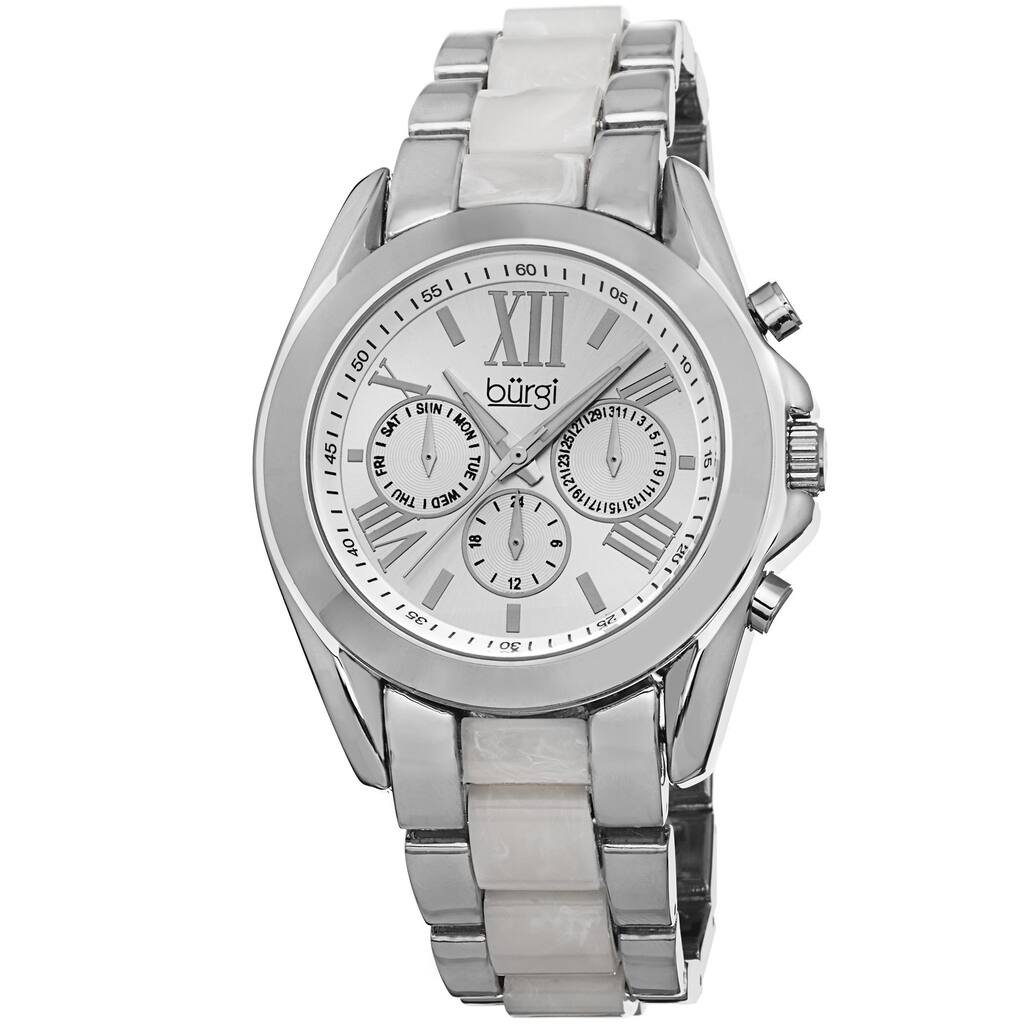 Burgi Women's Multifunction Day Date and 24 Hour-Indicator Silver-Tone Bracelet Watch