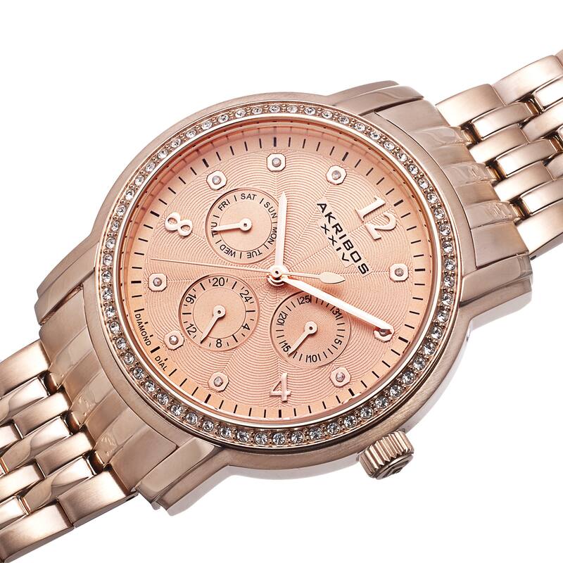 Akribos XXIV Women's Multifunction Diamond-Dial Stainless Steel Rose-Tone Bracelet Watch