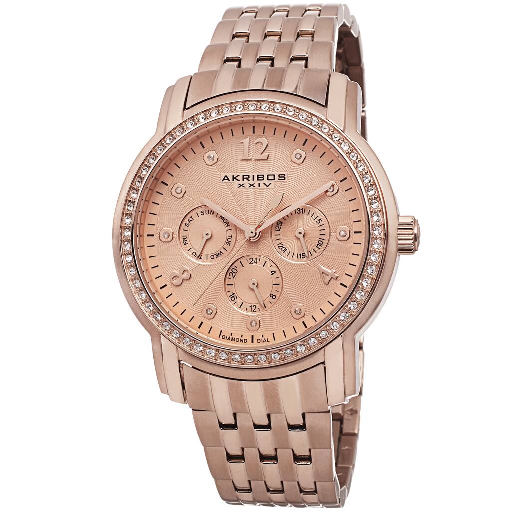 Akribos XXIV Women's Multifunction Diamond-Dial Stainless Steel Rose-Tone Bracelet Watch