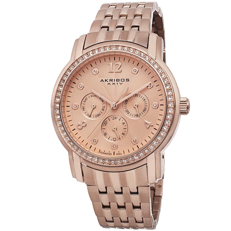 Akribos XXIV Women's Multifunction Diamond-Dial Stainless Steel Rose-Tone Bracelet Watch