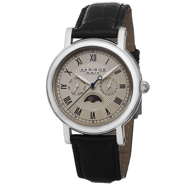 Akribos XXIV Men's Quartz Multifunction Leather Silver-Tone Strap Watch