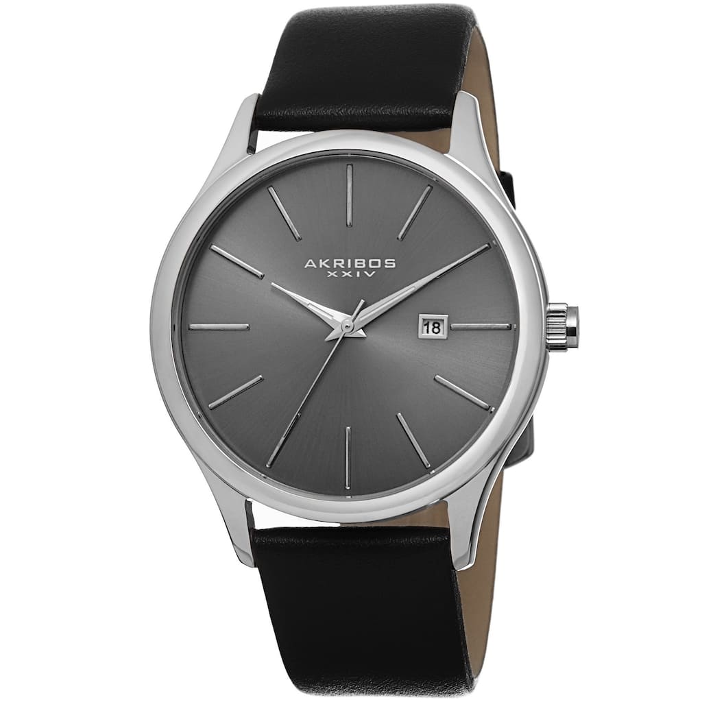 Akribos XXIV Classic Men's Sunray Dial Leather Silver-Tone Strap Watch