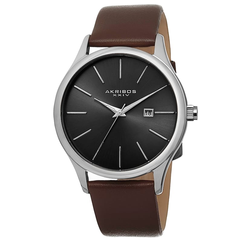 Akribos XXIV Classic Men's Sunray Dial Watch with Leather Strap - brown & silver-tone