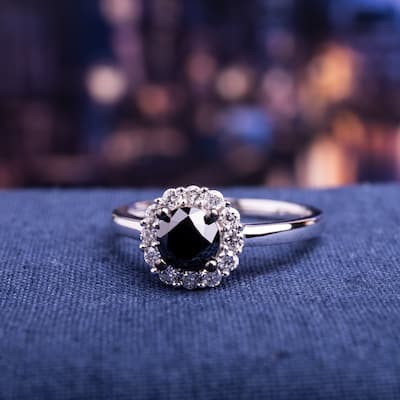 Miadora 10k White Gold 1ct TDW Black and White Halo Diamond Ring