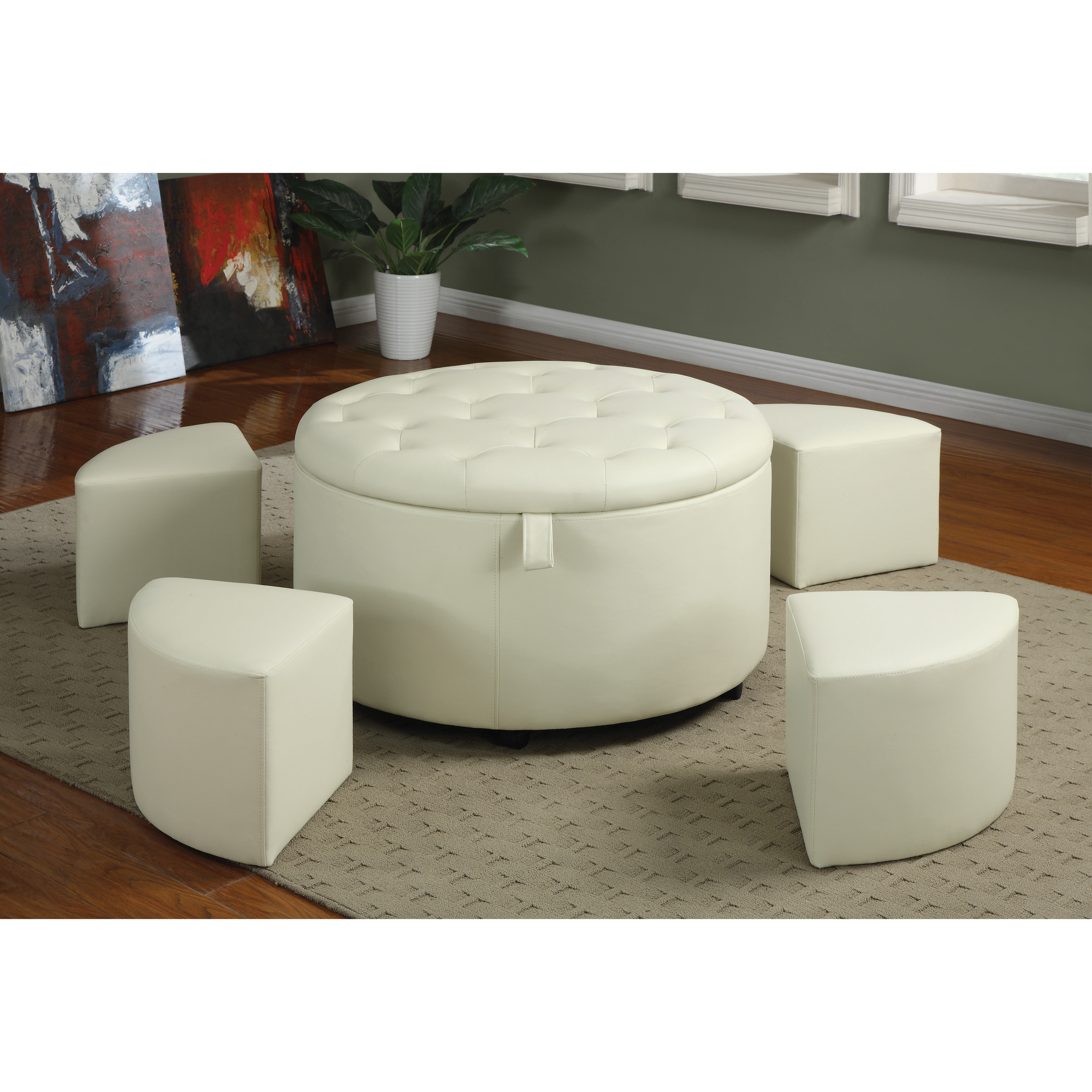 Round Cream Bonded Leather 5 piece Ottoman Set