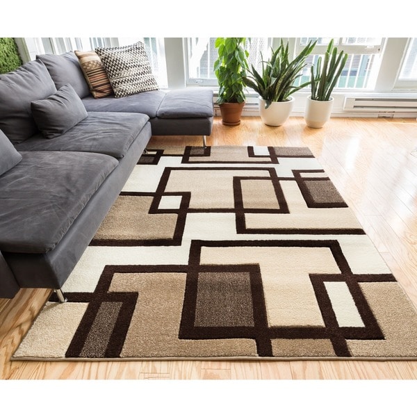 Imagine Geometric Squares Modern Beige/ Brown Soft Plush Area Rug - 5'3" x 7'3"