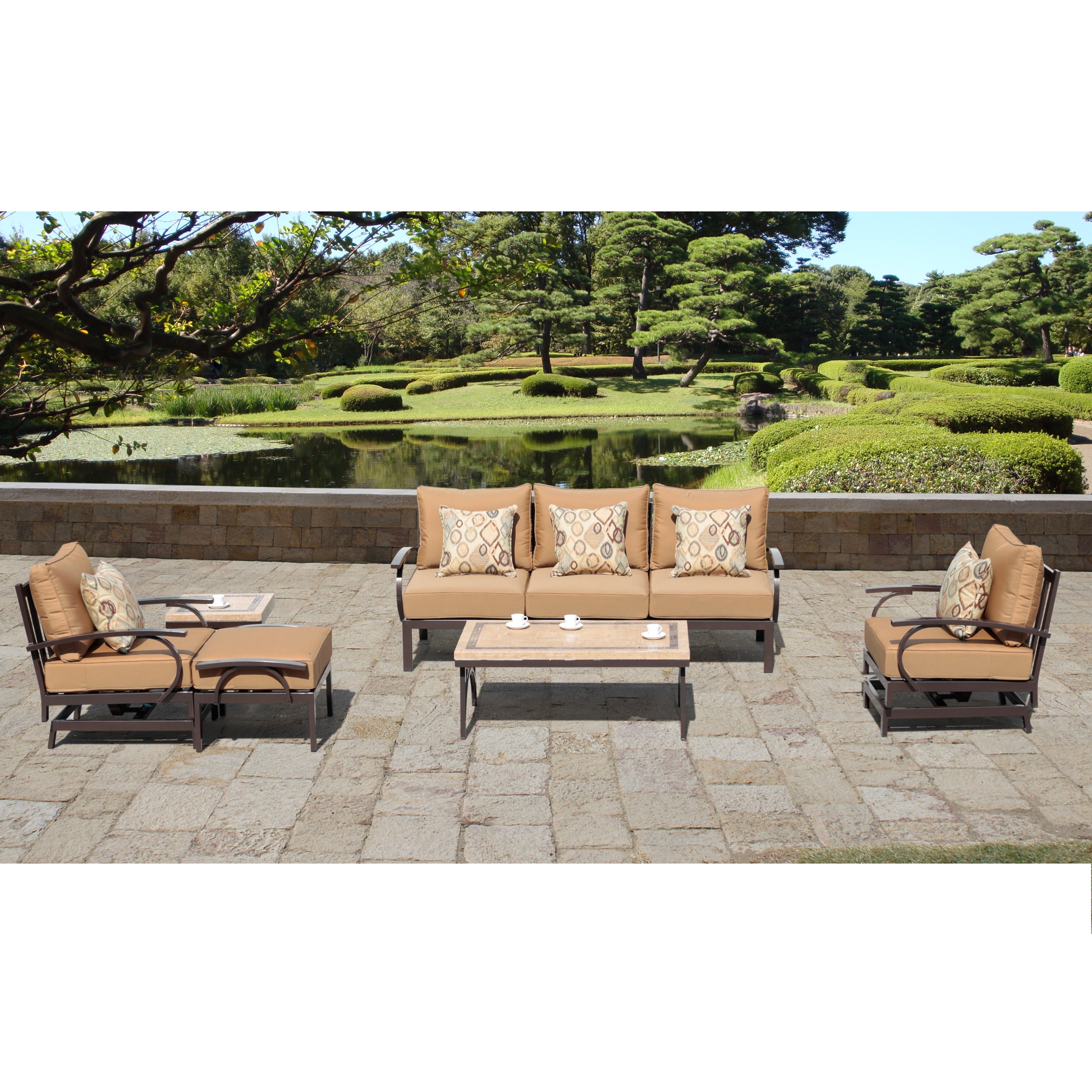 Sirio Ashton 6 piece Patio Set With Action Club Chairs (Espresso/peachSet includes One (1) sofa, two (2) action club chairs, one (1) table, one (1) ottoman, one (1) side table5 pillows includedMaterials powder coated aluminum, Sunbrella® fabric, natura