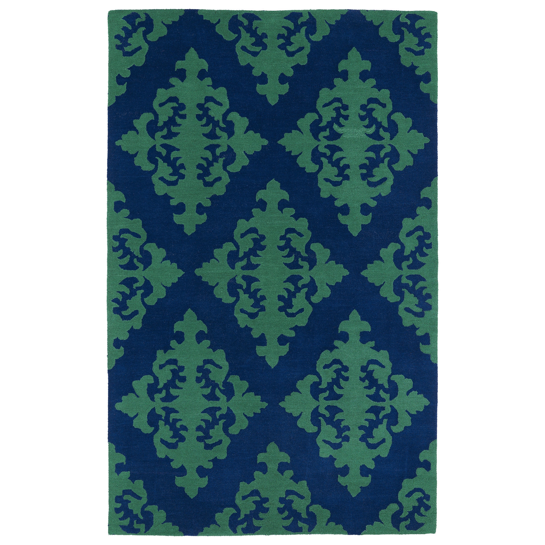 Hand tufted Runway Navy/ Emerald Damask Wool Rug (5 X 79)