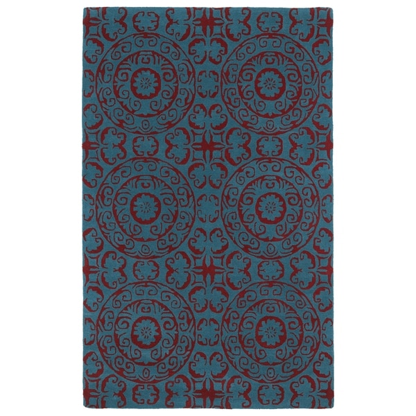 Hand-tufted Runway Suzani Peacock Blue/ Red Wool Rug - 3' x 5'