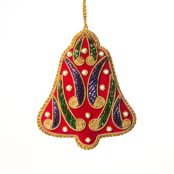 Handcrafted Zardozi Christmas Bell Ornament , Handmade in India