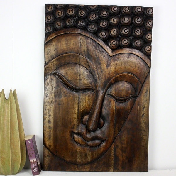 Hand carved 36 x 24 Mocha Oiled Serene Buddha Panel (Thailand