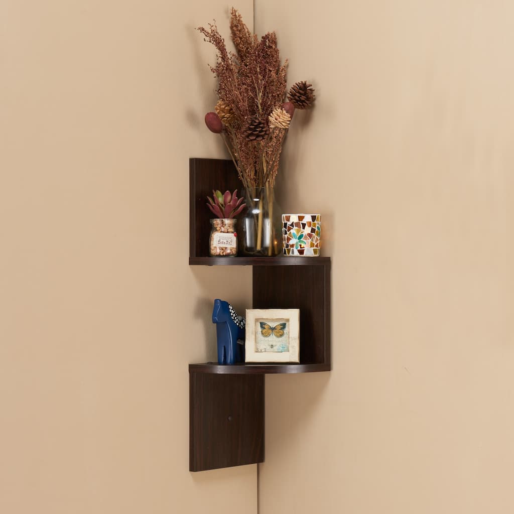 Zig Zag Design Laminated Wooden Corner Wall Shelf, Walnut Brown