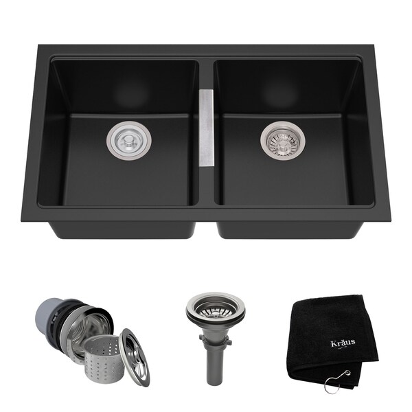 Kraus KGU-434B Undermount 33-in 50/50 2-Bowl Granite Kitchen Sink, Black Onyx, Strainers, Towel