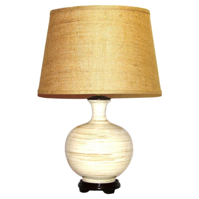 Off white Tan Stripes Lamp With Brown Burlap Shade