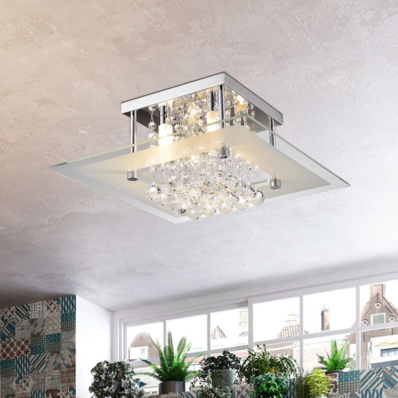 Lucia Square Chrome and Crystal Flush Mount 4-light Chandelier - 6.9 inches H x 15.8 inches W x 15.8 inches D