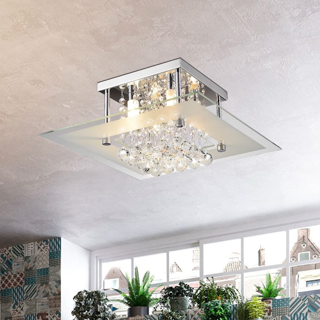 Lucia Square Chrome and Crystal Flush Mount 4-light Chandelier - 6.9 inches H x 15.8 inches W x 15.8 inches D