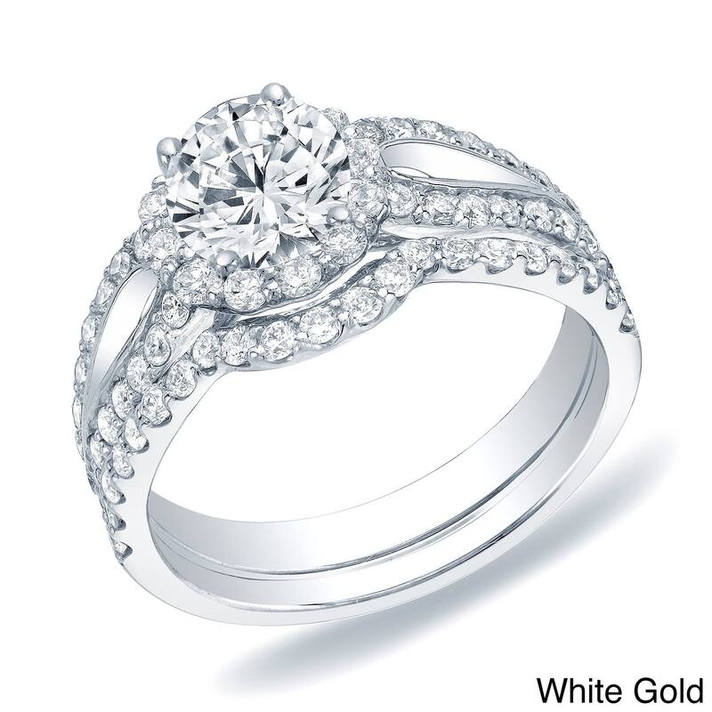 Auriya Modern Split 1 1/2ct TDW Round Diamond Halo Engagement Ring Set 14k Gold Certified