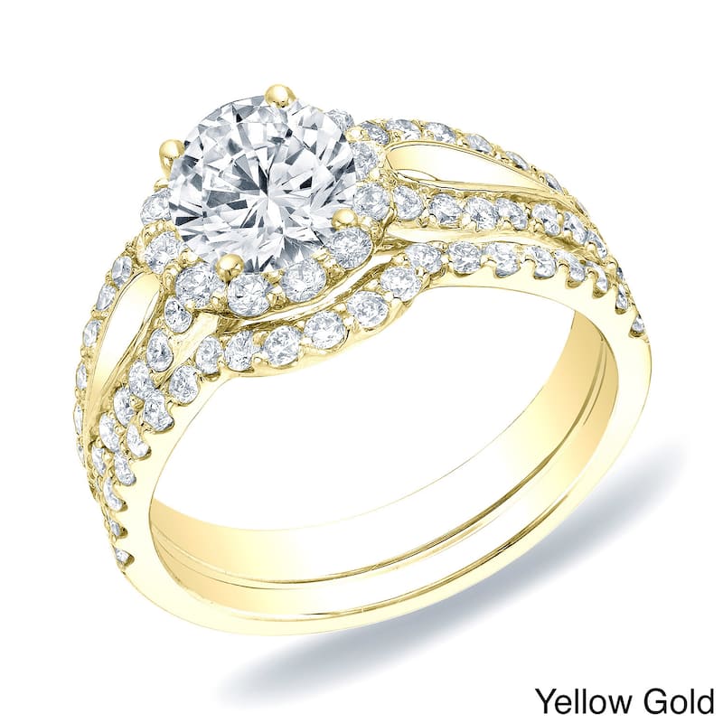Auriya Modern Split 1 1/2ct TDW Round Diamond Halo Engagement Ring Set 14k Gold Certified - 4 - Yellow