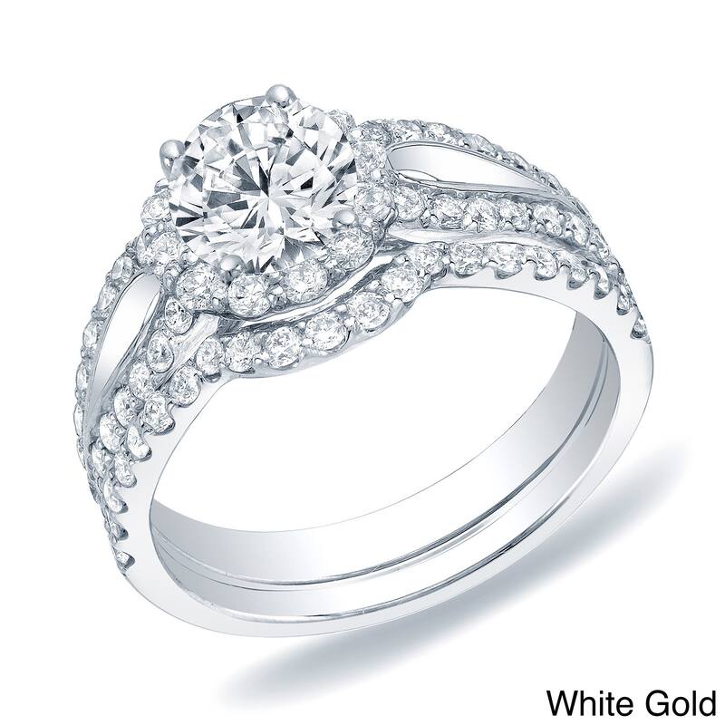 Auriya Modern Split 1 1/2ct TDW Round Diamond Halo Engagement Ring Set 14k Gold Certified - 4 - White