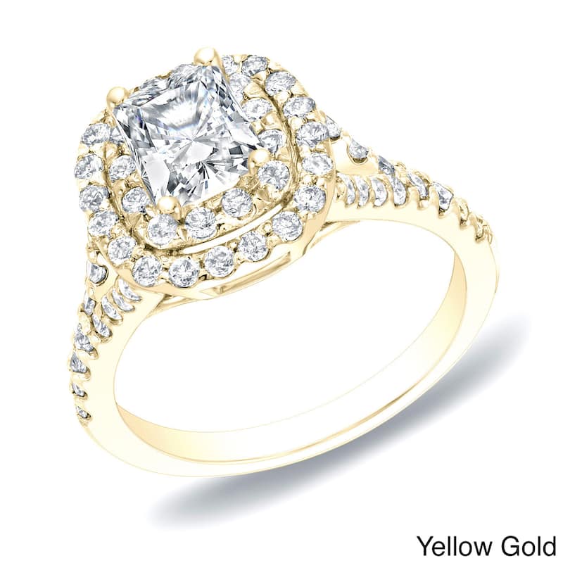 Auriya 14k Gold 1 1/4ctw Cushion-cut Halo Diamond Engagement Ring (H-I, SI1-SI2) - 4 - Yellow