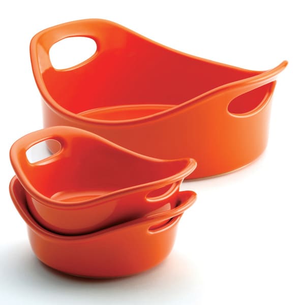 Rachael Ray Orange 3 piece Small Round Bubble & Brown Stoneware Set